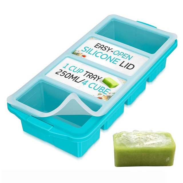 1-Cup Silicone Freezing Tray With Lid -Soup Cube Freezer Tray- Large Ice Cube Tray- 4Individual Compartments With Portion Scales- Storage For Broth, Sauces & Liquid Meal Prep - Oven & Dishwasher- Safe