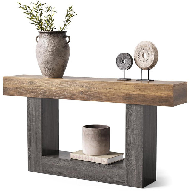 LITTLE TREE 63 Inches Long Console Table, 2-Tier Farmhouse Sofa Table Behind Couch, Large Narrow Entryway Table for Living Room, Wooden Hallway Foyer Table with Heavy Duty Base, Rustic Brown and Grey