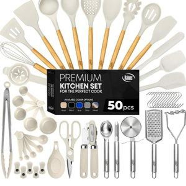 Kaluns 50 PCS Silicone Kitchen Utensils Set - Christmas Gifts For Mom Women Complete Kitchen Set - 800°F Heat Resistant Non-Stick Premium Silicone Cooking Utensils W Wooden Handles Gifts For Mothers