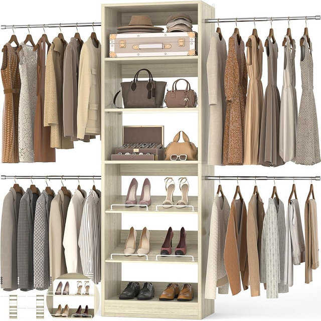 Unikito Closet System, 4-8Ft Wood Closet Organizer Starter Kit with Tower and 4 Extendable Hanging Rods, Walk-in Closet Organizer Wardrobe Clothes Rack with Adjustable Shelves, Garment Rack, White Oak