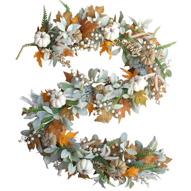 CIR OASES Thanksgiving Fall Wreath, Eucalyptus Berries Pumpkins Lamb Ears Leaves Autumn Wreaths for Front Door, Fall Decor, Porch Wall, Home Outdoor Holiday Decorations (Pumpkin Garland)