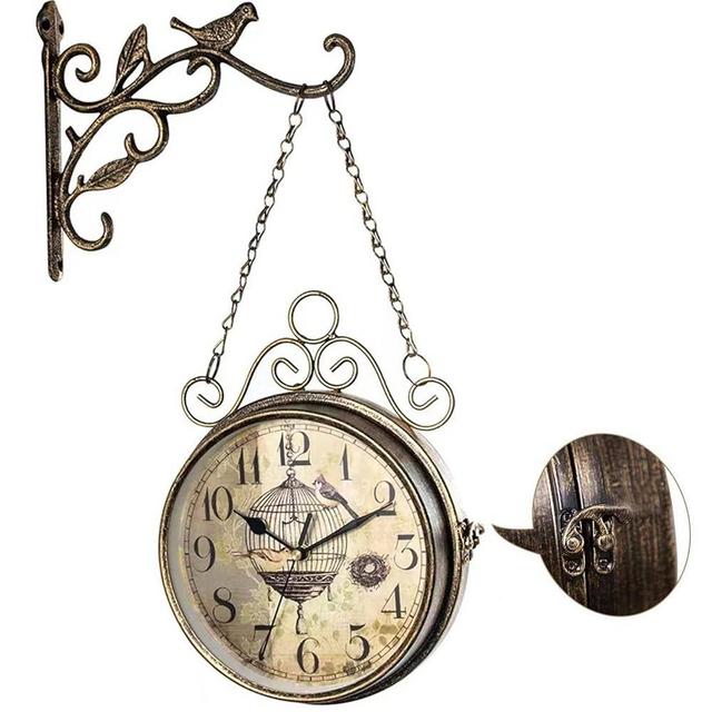 Retro Rust Wall Clock 20th Century 8" Non Ticking Large Iron Antique Hanging Clocks Double Sided Vintage Two Faces Innovative Classic, Silent Quartz Round Clock for Office Bedroom Living Room Decor
