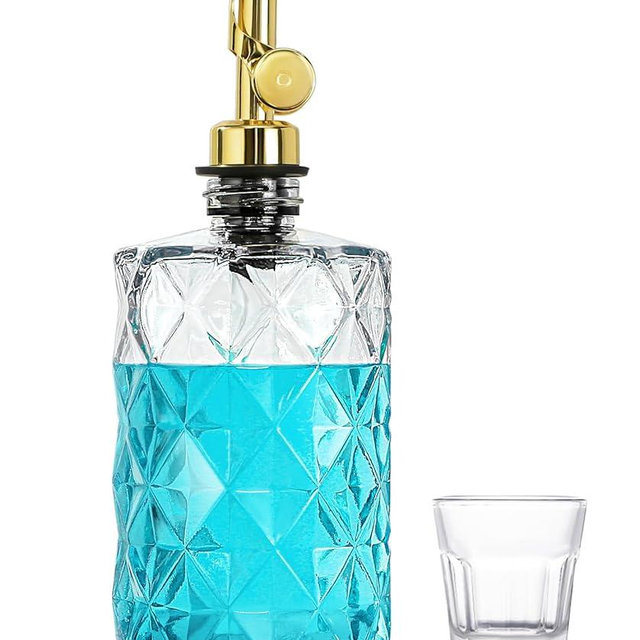 TOLDATLI Mouthwash Dispenser for Bathroom, Luxury Diamond Glass Mouth Wash Container, 1 Pack Glass Mouthwash Dispenser Bottles with Cup, Auto-Flip Mouthwash Decanter, 12 Fl Oz