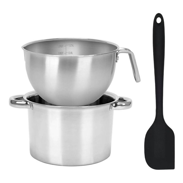 3PCS Double Boiler Pot Set, 1250ML/1.1QT Mixing Bowl with Scale 2200ML/ 2QT Stainless Steel Heating Pot with Silicone Spatula for Cheese Chocolate Candy Candle Soap Wax Melting (1250ml+2200ml)