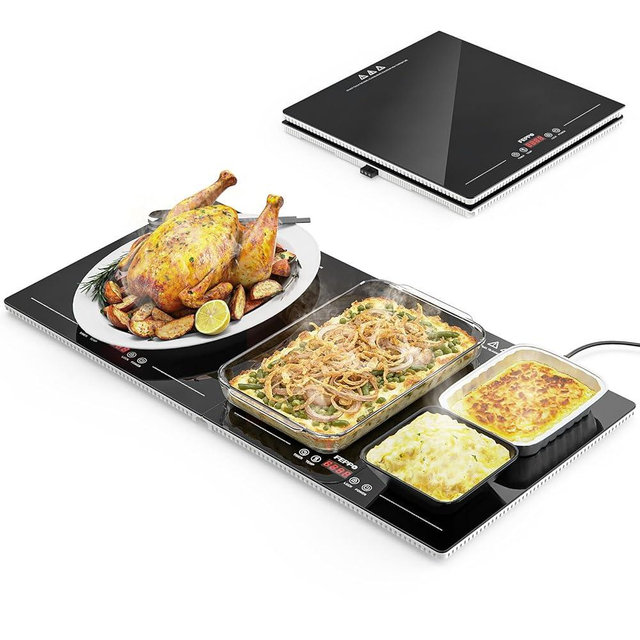 FEPPO Electric Warming Tray with Independent Temp & Timer Control, 2-in-1 Modular Food Warmer for Parties Buffet, 31"x15" Glass Surface Warming Mat for Food, Ideal for Catering & Gatherings
