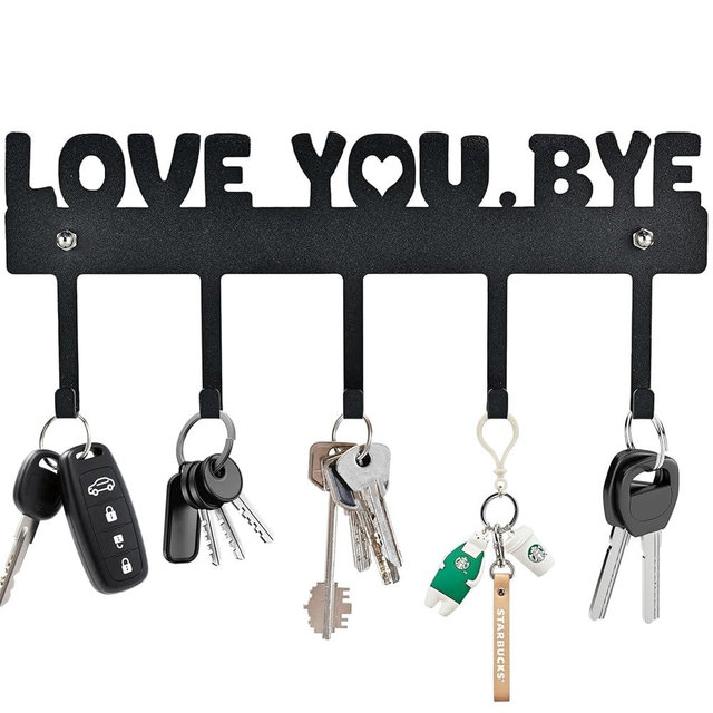 YNQIZKI Key Holder Wall Mount – 'Love You.Bye' Entryway Organizer with 5 Hooks,Black Metal Key Hanger (10x4 Inch) – No Drill Adhesive or Screws for Easy Installation