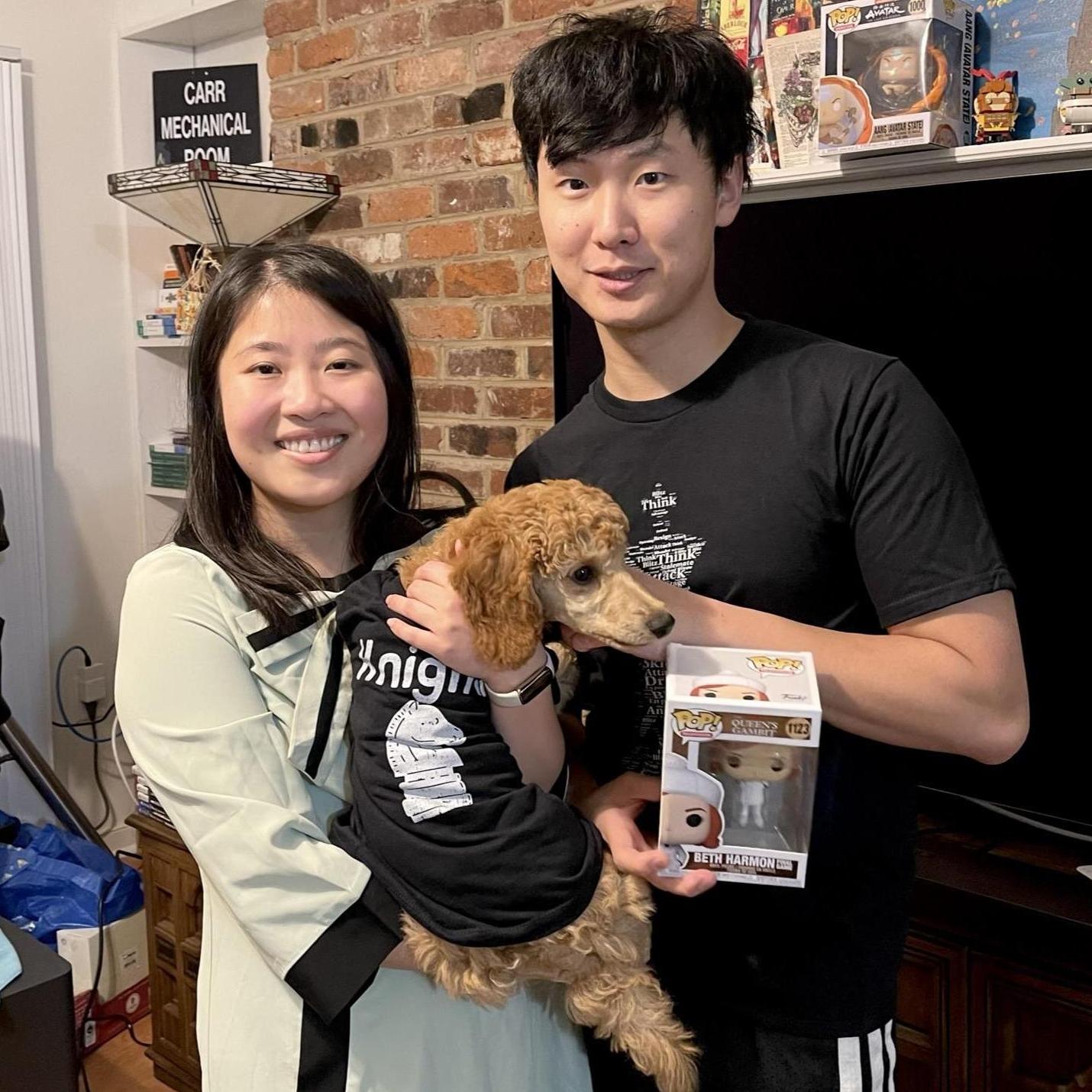 Our first-ever family Halloween costume (also the first time Yanda and I had a matching Halloween costume). It's Queen's Gambit! I'm Beth, Yanda is a King chess piece, and Cucumber is a Knight!