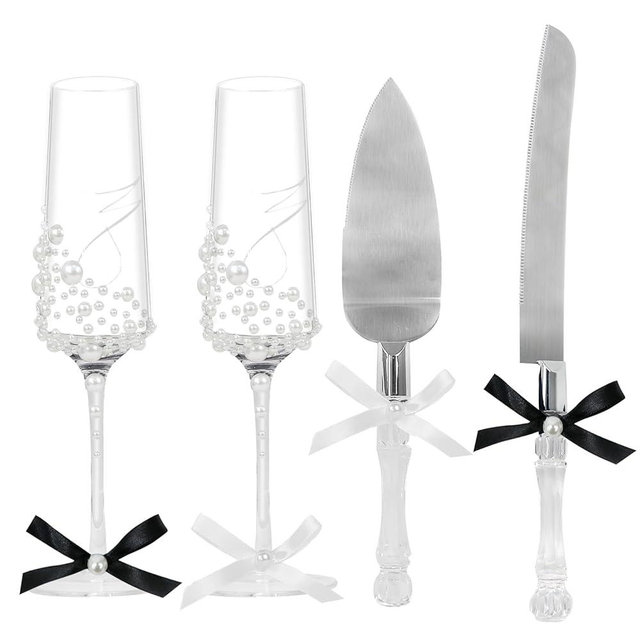 SEMONONIA 4 Piece Wedding Toasting Flutes and Cake Server Set - Champagne Glasses and Knife Server Set,Bride and Groom Wine Glasses and Cake Knives Set for Anniversary Engagement Gifts for Couple
