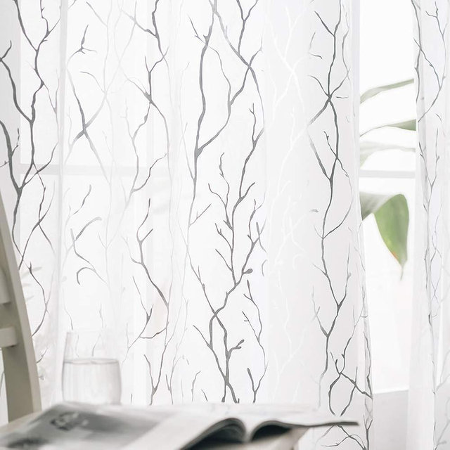 FINECITY Sheer White Curtains 96 Inches Long - Silver Tree Branch Print Sheer Curtains for Living Room Rod Pocket Tree Pattern Sheer Window Curtains 2 Panels, 52 x 96 Inch, 1 Pair, Silver and White