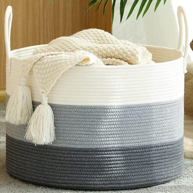 KAKAMAY Large Blanket Basket (20"x13"),Woven Baskets for storage Baby Laundry Hamper,Cotton Rope Blanket Basket for Living Room , Laundry, Nursery, Pillows, Baby Toy chest with Handles (White/Grey)