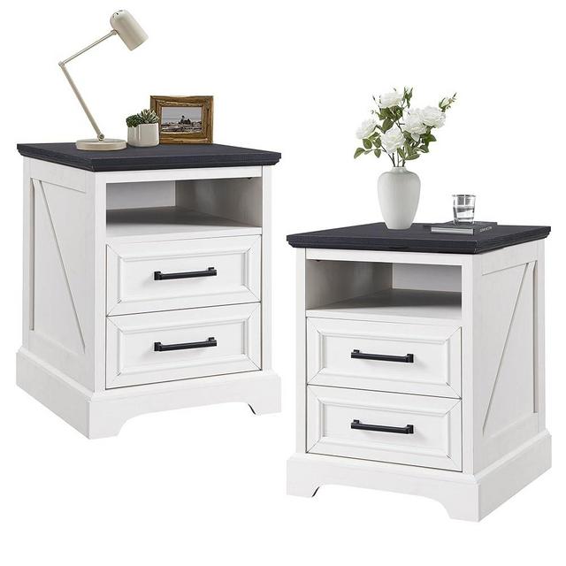 ACCOHOHO 18" Farmhouse Nightstand Set of 2 with Charging Station,End Table with 2 Drawers Storage,Side Table,Bedside Cabinet for Bedroom,Living Room, Withe