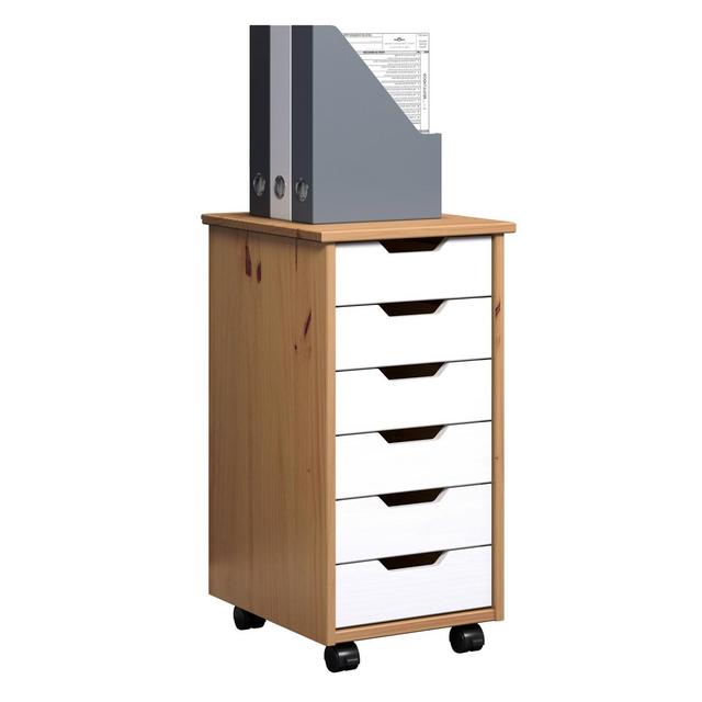 Trendfurn Omnia Narrow 6 - Drawer Roll Cart White and Natural Wood