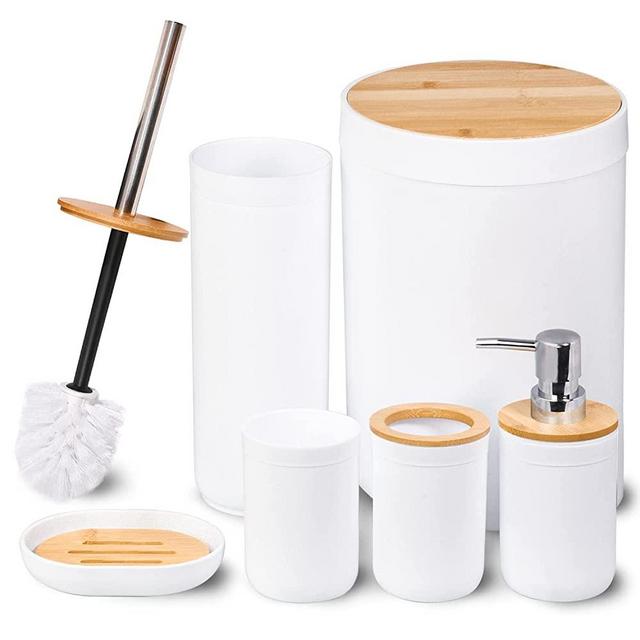 CERBIOR Bamboo Bathroom Accessory Set, 6 Pieces Bath Set- Soap Dish Toothbrush Holder Rinse Cup Lotion Bottle Trash Can Toilet Brush - Practical Toilet Kit for Home Washing Room,White