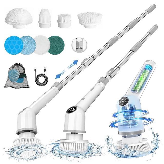 Electric Spin Scrubber: Cordless Shower Scrubber with 8 Replaceable Brush Heads- 3 Adjustable Speeds- Adjustable Extension Handles- Power Cleaning Brush for Bathroom- Floor- Tile