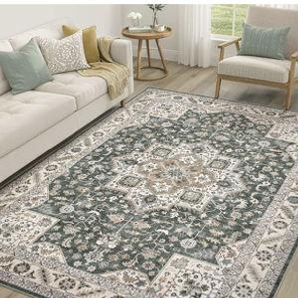 Vintage Living Room Area Rug 5x7 - Large Soft Washable Oriental Traditional Distressed Farmhouse Rugs for Bedroom - Indoor Floor Accent Carpet for Home Office House Decor - Vintage Green