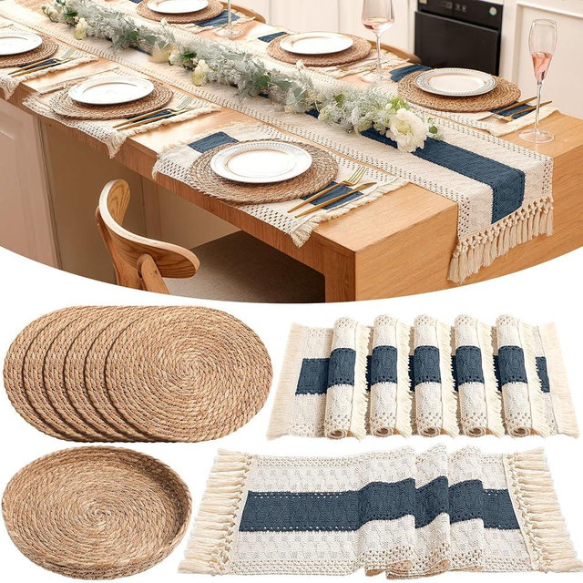 Gandeer Boho Placemats 4/6 Set of Round Woven Placemats Macrame Style Bicolor Stitching Long Table Runner Farmhouse Rustic Natural Burlap Cotton for Kitchen Dining Table Home (Blue,6 Sets)