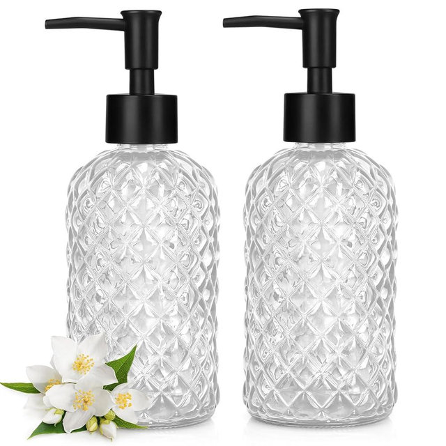 2 Pack Gem Glass Soap Dispenser with Black Plastic Pump, 13oz Liquid Hand Soap Dispenser, Rustproof Pump for Kitchen & Bathroom, Great for Lotions, Essential Oil, Liquid Soaps-Clear