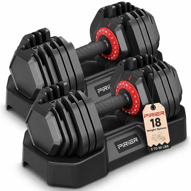 PIRIER Adjustable Dumbbell Set 50LB, 18-in-1 Free Weight Adjustable Dumbbells, One-Hand Twist Adjust, Space-Saving Design, Home Gym Strength Training Equipment for Men & Women