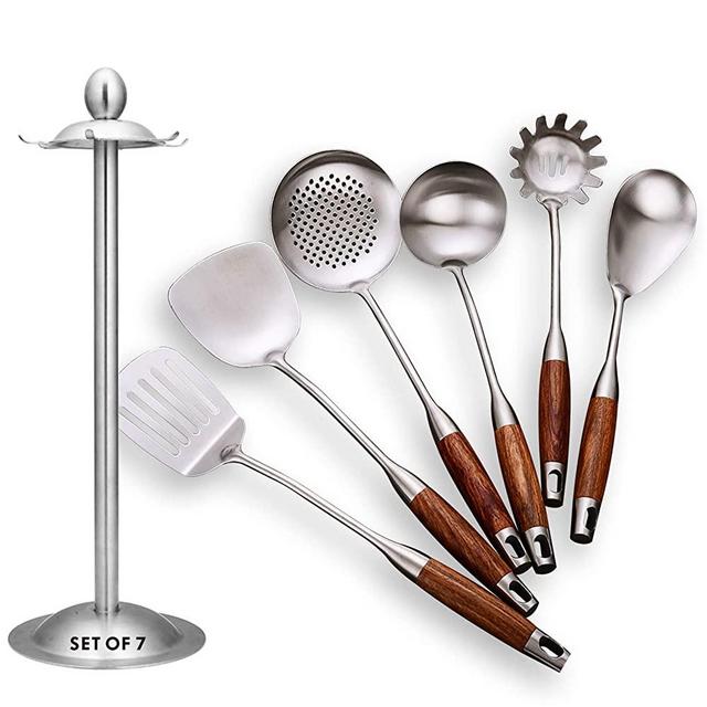 GXONE Cooking Utensils Set,7pcs 304 Stainless Steel Kitchen Utensils Set with Holder,Heat Resistant Wooden Handle Kitchen Tools
