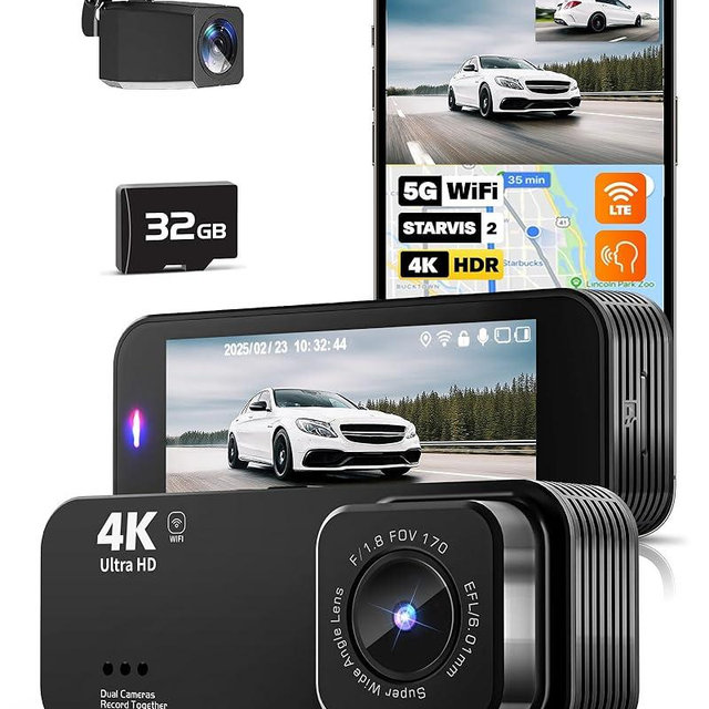 4K Full HD Dual Dash Cam Front and Rear with Wi-Fi, Included 32GB Card, 3.16” IPS Screen, Night Vision, 170°Wide Angle, WDR, 24H Parking Mode