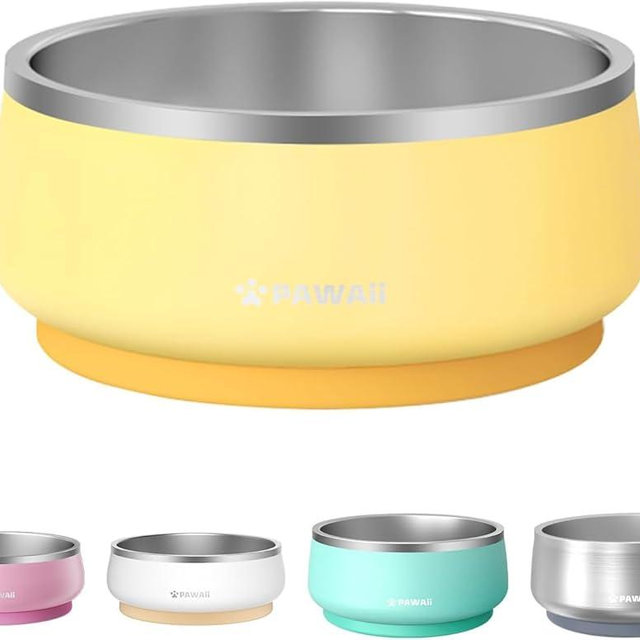 Pawaii Dog Bowl, 34 oz Double-Wall Stainless Steel Food and Water Bowl, Non-Slip Rubber Base, Dishwasher Safe, ID Tag Included, (1 Pack)
