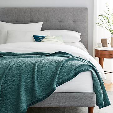 Velvet Trim Textural Blanket, Full/Queen, Mineral Blue