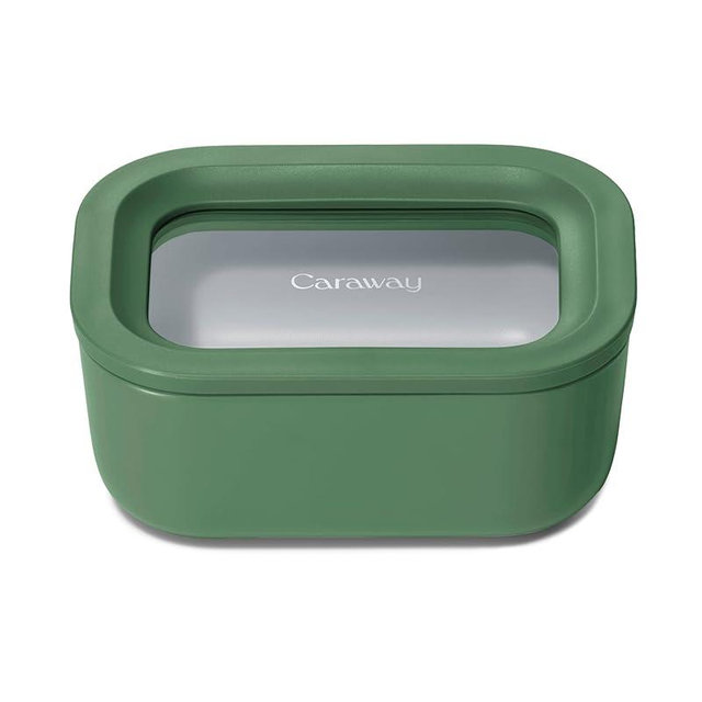Caraway Mini Rectangle Food Storage Container - 2.6 Cup Glass Storage Container for Food - Non-Toxic Ceramic-Coated Glass - Air Release Technology - Compact & Stackable Design - Sage