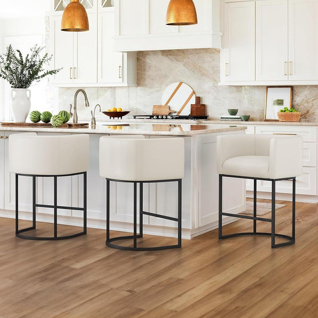 LUE BONA 27" H Counter Height Bar Stools Set of 3, Modern Barrel Counter Stools with Backrest and Arms, Black Metal Frames, Faux Leather Upholstered Accent Barstools for Kitchen Island, Antique White
