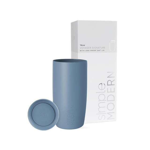 Simple Modern Travel Coffee Mug Tumbler with 360° Lid | Ceramic-Lined Insulated Stainless Steel Cold Brew Iced Coffee Cup Thermos | Gifts for Women Men Her Him | Voyager Signature | 16oz | Blue Dune