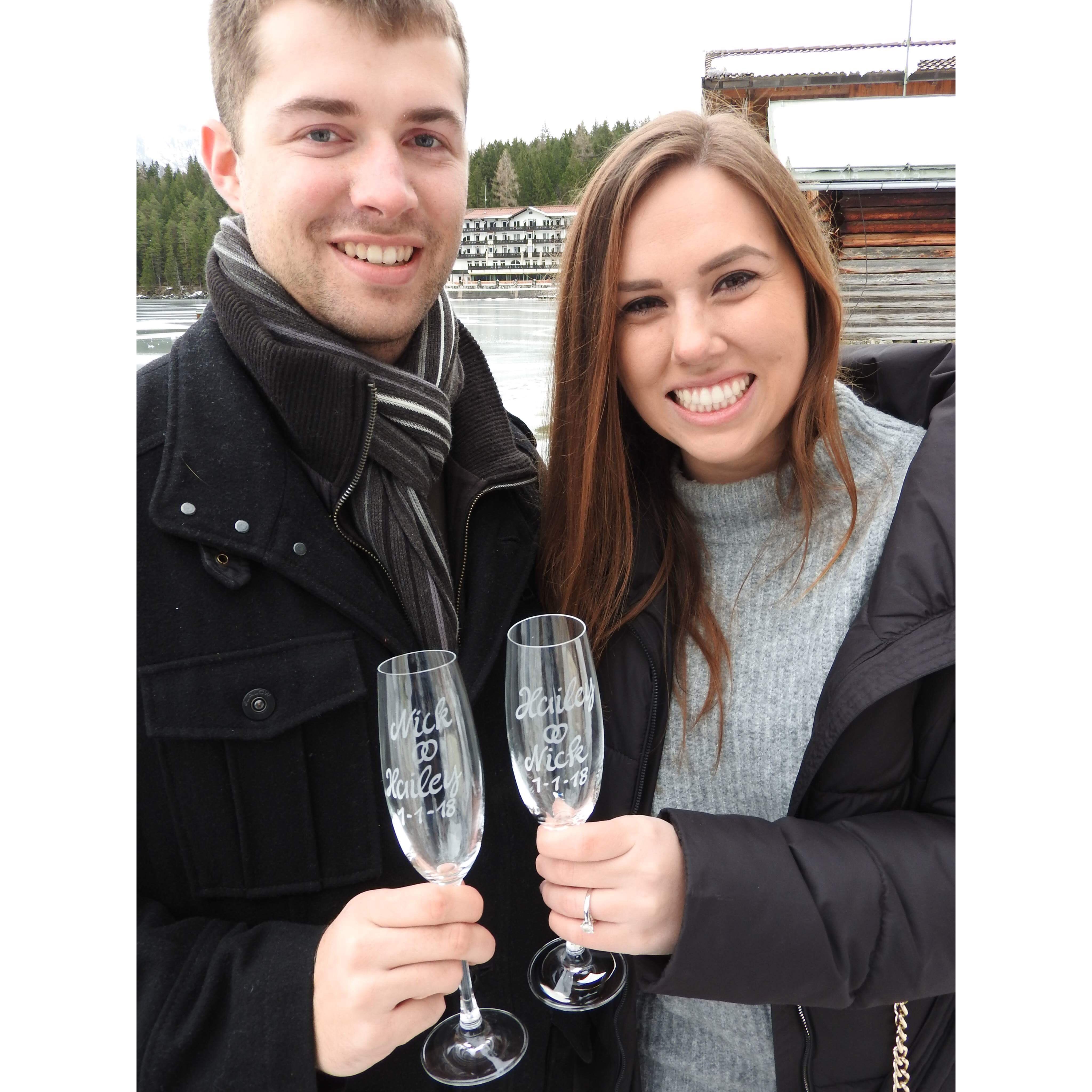 Poppin' bubbly right after he popped the question - 2018