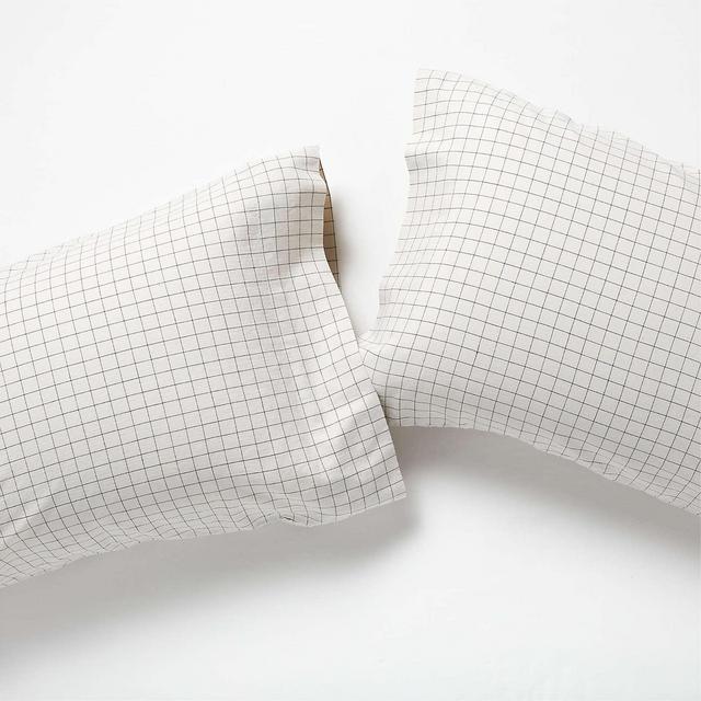 Organic Cotton Grid Natural and Midnight Navy King Pillowcases, Set of 2