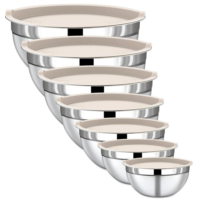 Funnydin Mixing Bowls with Lids Set, 7 Piece Khaki Nesting Stainless Steel Mixing Bowls for Kitchen, Sizes 4.5, 4, 3.5, 2.1, 1.5, 1.1, 0.7 Qt for Baking, Cooking and Serving, Dishwasher Safe