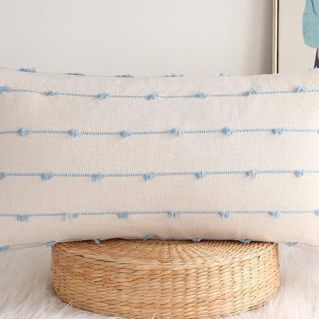 NUYECY Boho Long Lumbar Pillow Covers 12 x 24 Blue,Classic Stripe Pattern Cotton Decorative Long Lumbar Pillow Case Cushion Cover Cushion Case for Sofa Couch Bed Livingroom Farmhouse,Modern Accent