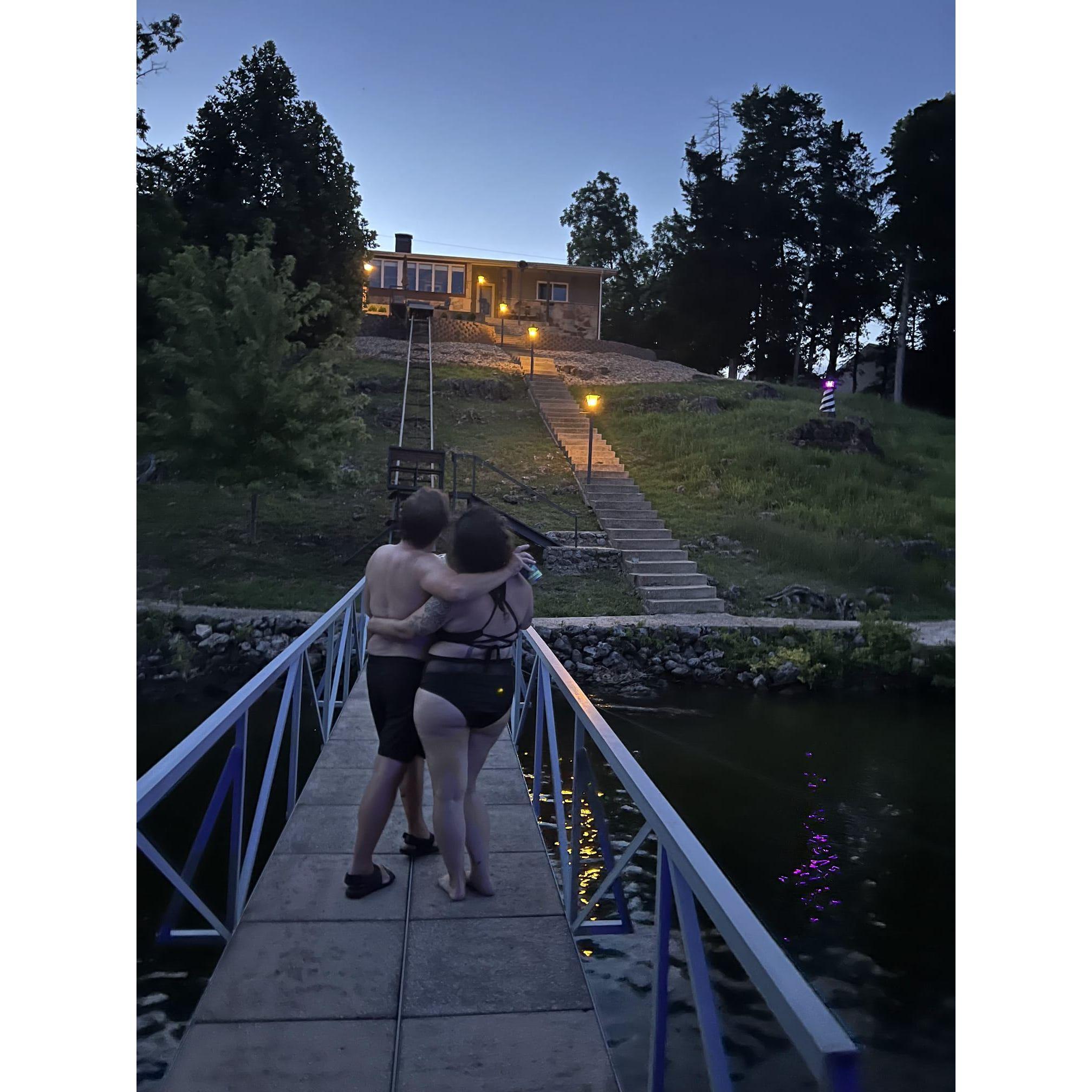 Planning our wedding from the dock at the Lake House, 2024.