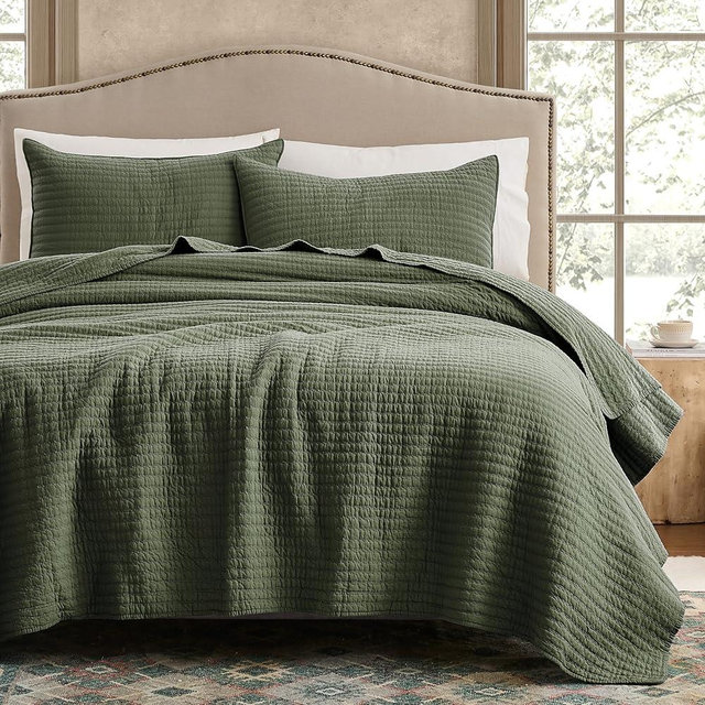 WDCOZY 100% Cotton Queen Size Quilt Set - Olive Green Striped Pick Stitch Soft Lightweight Bedspread, Textured Like Linen, Farmhouse Country Rustic Coverlet, Shabby Chic Gauze Bedding, 3 Pieces