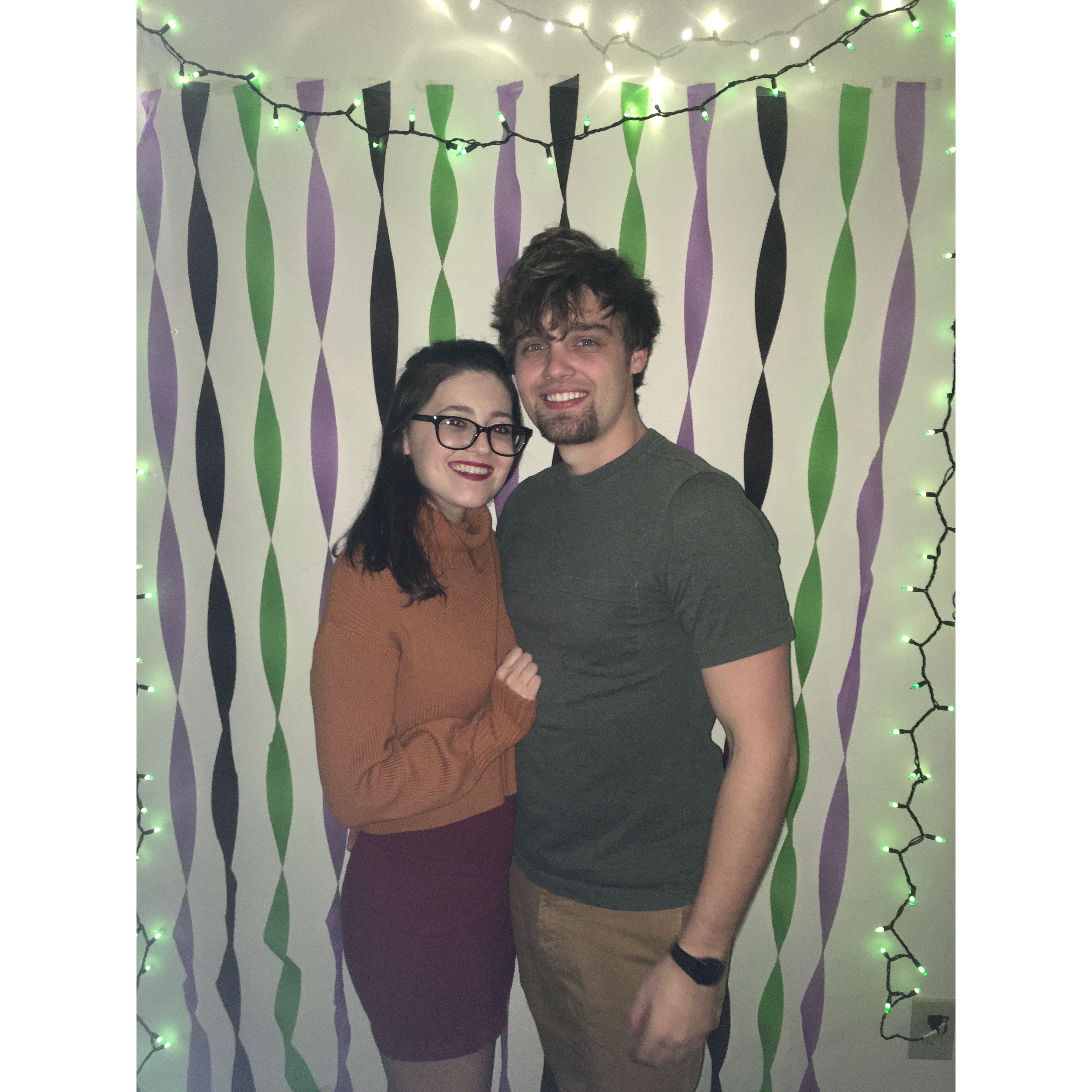 Our first Halloween as Velma and Shaggy from Scooby-Doo, October 2020