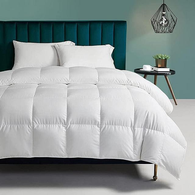 TOPGREEN Organic Goose Feather Down Comforter Full/Queen Size - All Season Duvet Insert Organic Cotton, Medium Warm Quilted Bed Comforter 55oz Fill Weight with Corner Tabs (90x90, White)