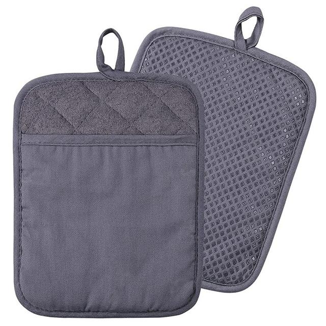 100% Cotton with Silicone Kitchen Everyday Basic Pot Holder Heat Resistant Coaster Potholder Oven Mitts with Pocket for Cooking and Baking Set of 2 Grey