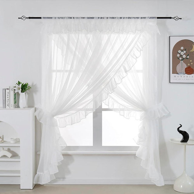 Seibeh Tex Shabby Chic Double Layer Sheer Ruffled Priscilla Rod Pocket Window Curtain Panel with Tiebacks White 100" W x 84" L