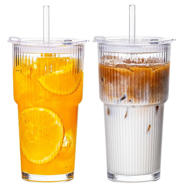 VA1KENE 20oz Glass Tumblers with Straws and Lids 2 Pack, Ribbed Glass Cups, Leak Resistant Iced Coffee Cups, Thick Reusable Drinking Glasses, Fits Car Cup Holder, Clear Travel Coffee Cups