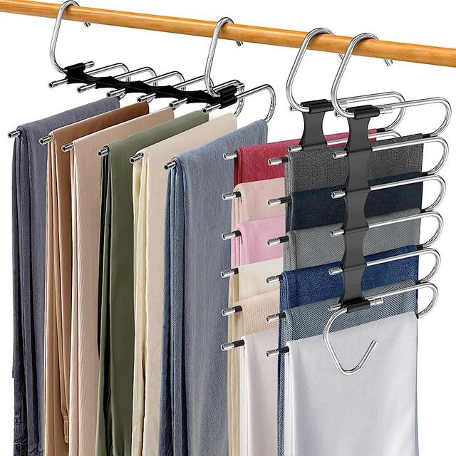 Upgrade 6 Layers Pants Hangers Space Saving, 2 Pack Stainless Steel Multifunctional Pants Rack Non Slip S-Type Pant Closet Organizer Hangers Space Saver for Pants Leggings Jeans Trousers Scarf, Black