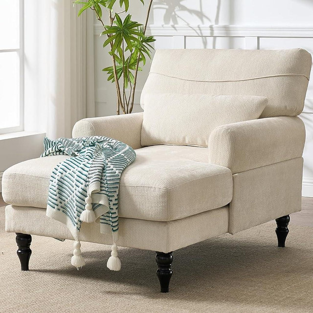 KEIKI Chaise Lounge Chair Indoor, Modern Leisure Sleeper Sofa Chair w/Double Deep Cushion, Accent Upholstered Reading Side Armchair, Recliner Arm Chairs for Living Room & Bedroom, Easy Assembly, White