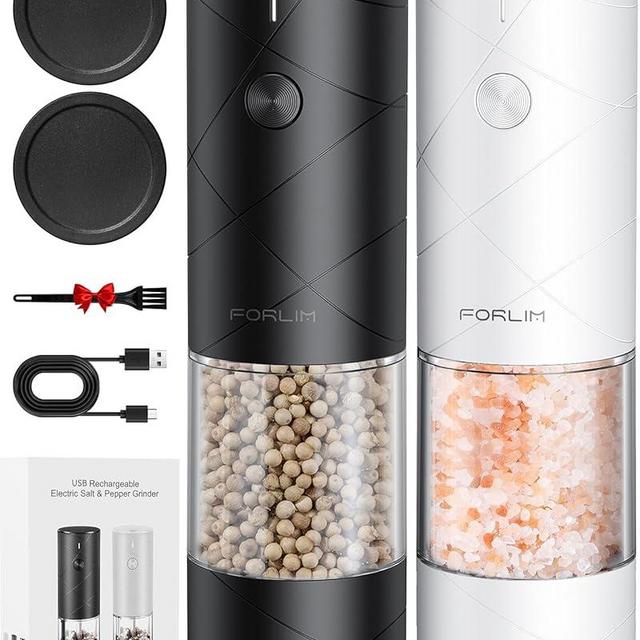 FORLIM Electric Salt and Pepper Grinder Set, USB Rechargeable, Automatic Salt Pepper Mill Grinder with Dust Cover, One-Button Control, Adjustable Coarseness, Warm LED Light (2 Packs, Black&White)