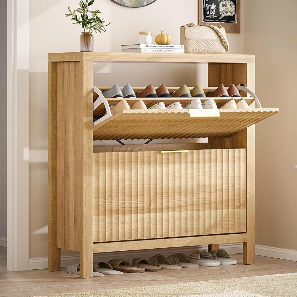 Shoe Cabinet Storage for Entryway, Fluted Shoe Cabinet with 2 Flip Drawers, Hidden Shoe Rack Tall Freestanding Shoe Organizer with Legs for Hallway, Oak