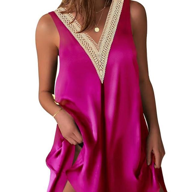 Ekouaer Womens Sleeveless Nightgown Satin Tank Sleep Shirt Guipure Lace V Neck Sleepwear Nightdress S-XXXL