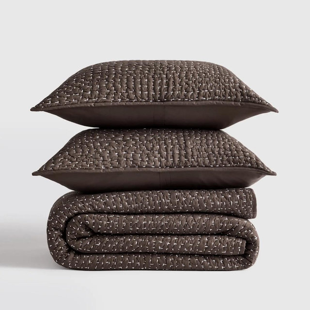Organic Cotton Hand Stitched Quilt Set - Espresso, King/Cal King