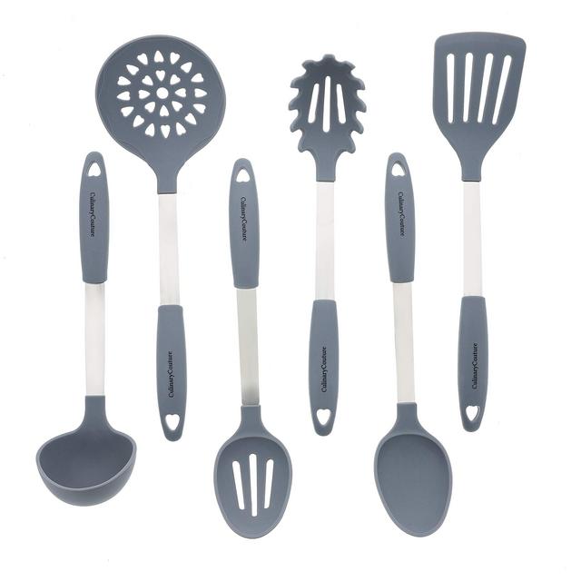 Grey Kitchen Utensil Set - Stainless Steel & Silicone Heat Resistant Cooking Tools - Spatula, Ladle, Mixing & Slotted Spoon, Pasta Fork Server, Drainer - Bonus Ebook!