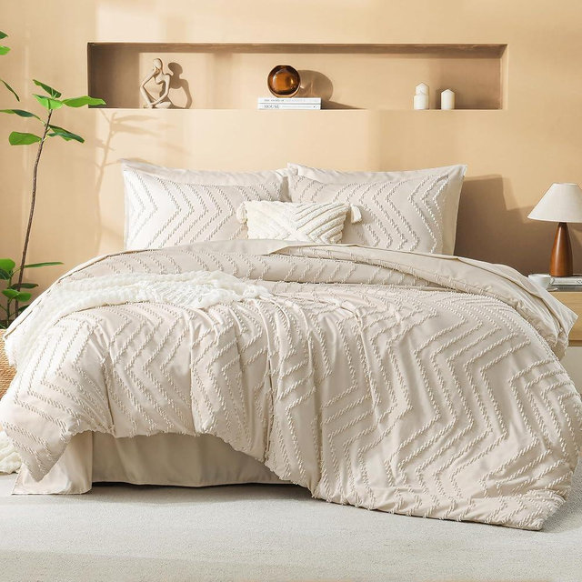 Litanika California King Comforter Set with Sheets Beige - 7 Pieces Bed in a Bag Cal King Cream Boho Tufted Complete Beddding Sets with Comforter, Sheets, Pillowcases & Shams