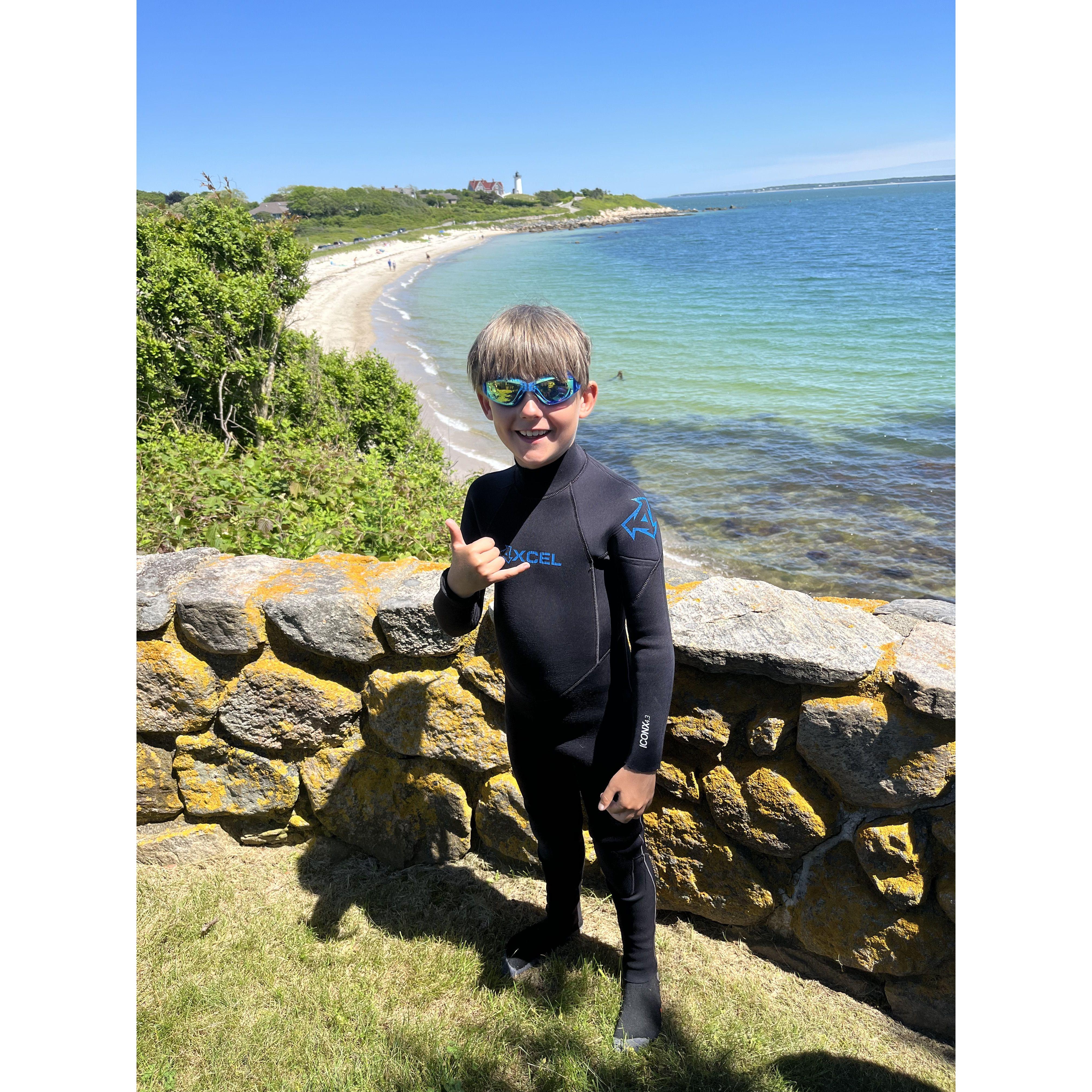 Ryan about to go swimming on Nobska beach, Wood Hole