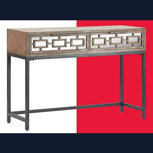 Tommy Hilfiger Hayworth Accent Storage Mirrored Drawers, Contemporary Weathered Console Table, Wood Overlay, Gray